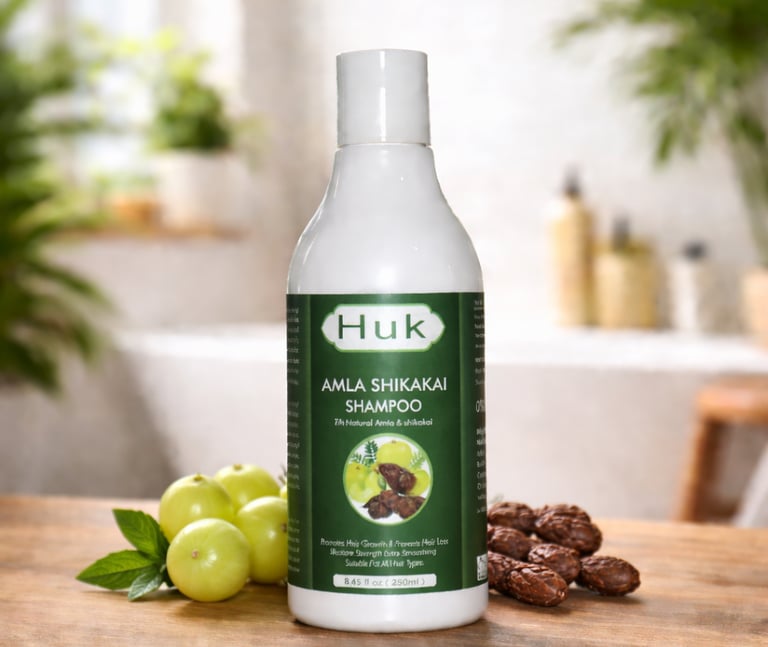 Huk Amla Shikakai Shampoo bottle on a wooden table with fresh amla fruit and shikakai pods.