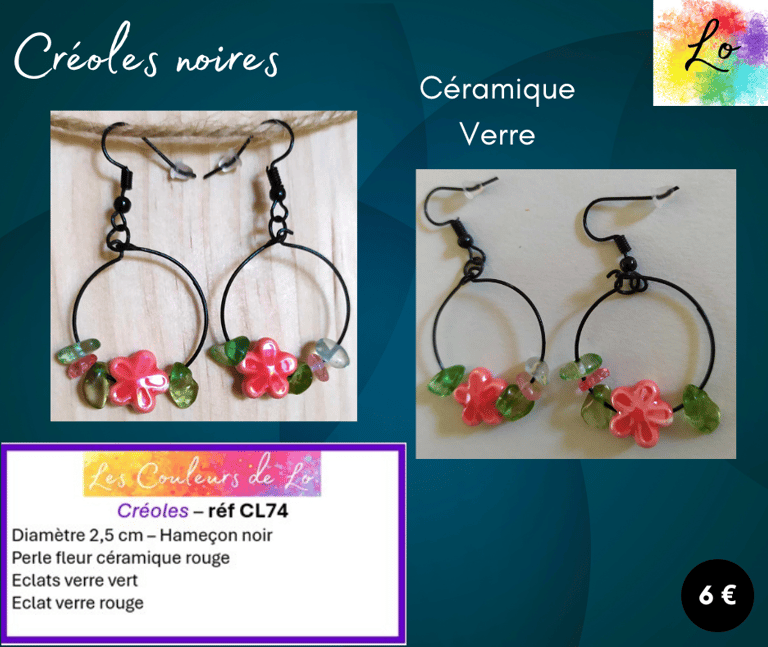Créoles noires 2,5 cm fleur céramique rouge verre coloré Les Couleurs de Lo
