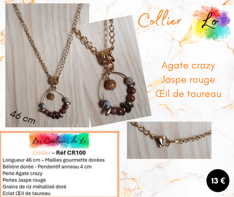 Collier doré Agate crazy Jaspe rouge Œil de taureau Les Couleurs de Lo