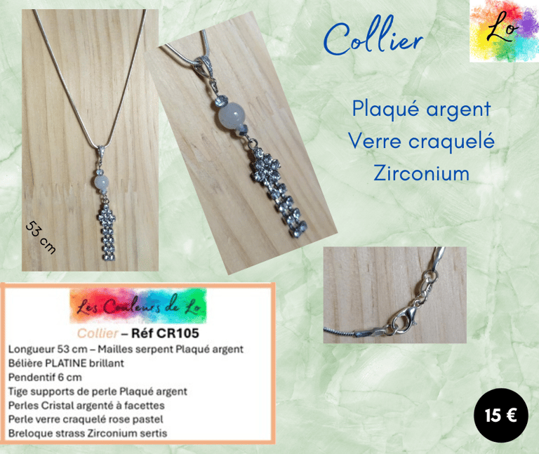 Collier Plaqué argent verre craquelé rose strass Zirconium Les Couleurs de Lo