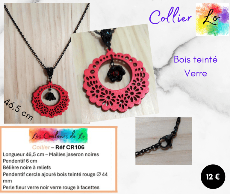 Collier noir pendentif cercle bois rouge fleur verre noir verre rouge Les Couleurs de Lo