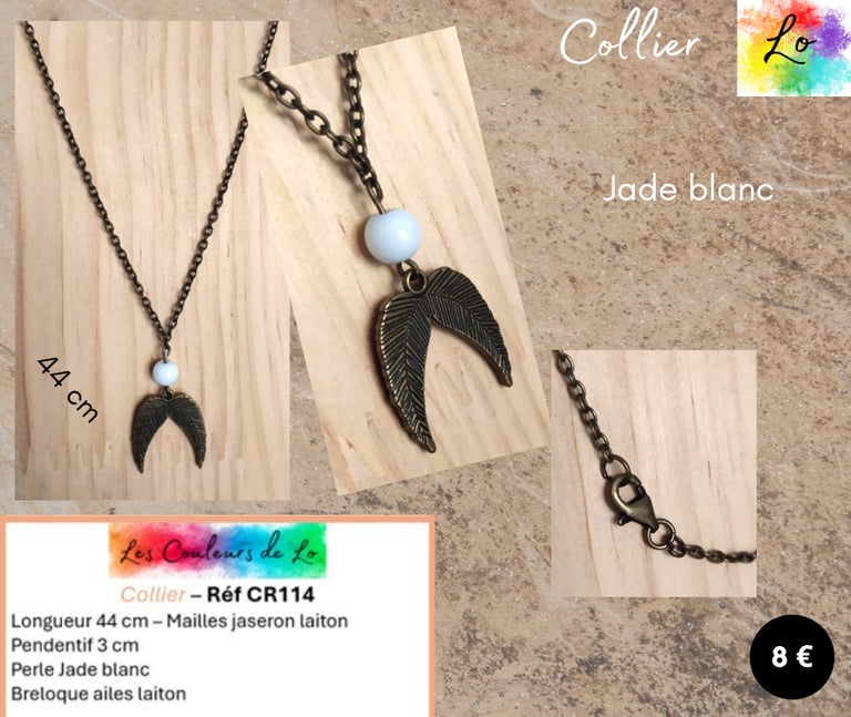 Collier laiton Jade blanc aile laiton Les Couleurs de Lo