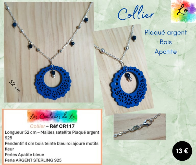 Collier Plaqué argent bois bleu Apatite bleue Les Couleurs de Lo