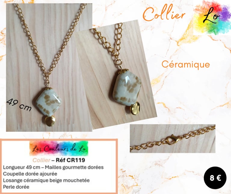 Collier doré losange céramique beige moucheté perle acier doré Les Couleurs de Lo