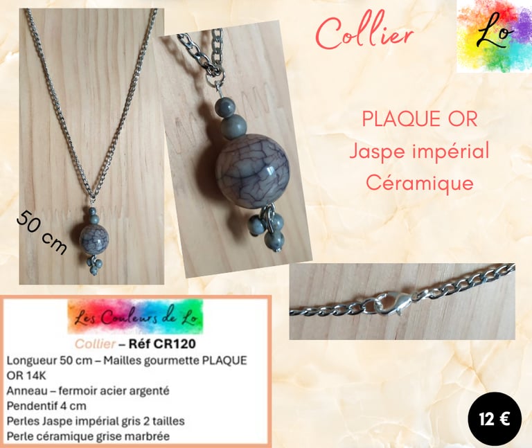 Collier Plaqué or céramique grise marbrée Jaspe impérial gris Les Couleurs de Lo