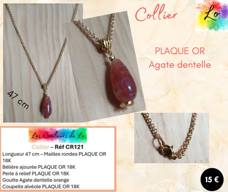 Collier Plaqué or goutte Agate dentelle orange Les Couleurs de Lo