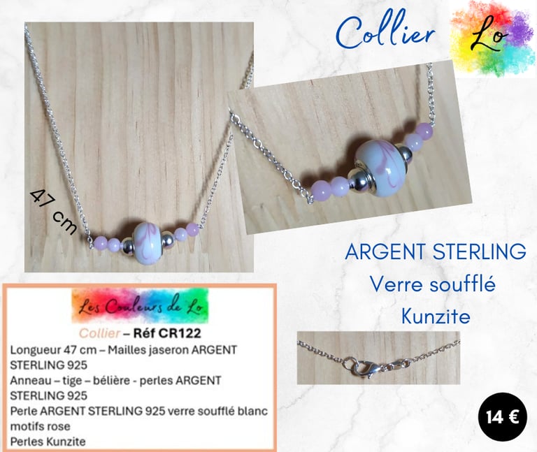 Collier Argent 925 perles 925 verre soufflé blanc-rose Kunzite Les Couleurs de Lo