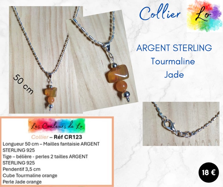Collier Argent 925 perles 925 Tourmaline orange Jade orange Les Couleurs de Lo