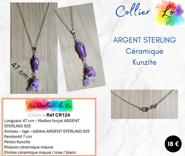 Collier Argent 925 céramique Kunzite Les Couleurs de Lo