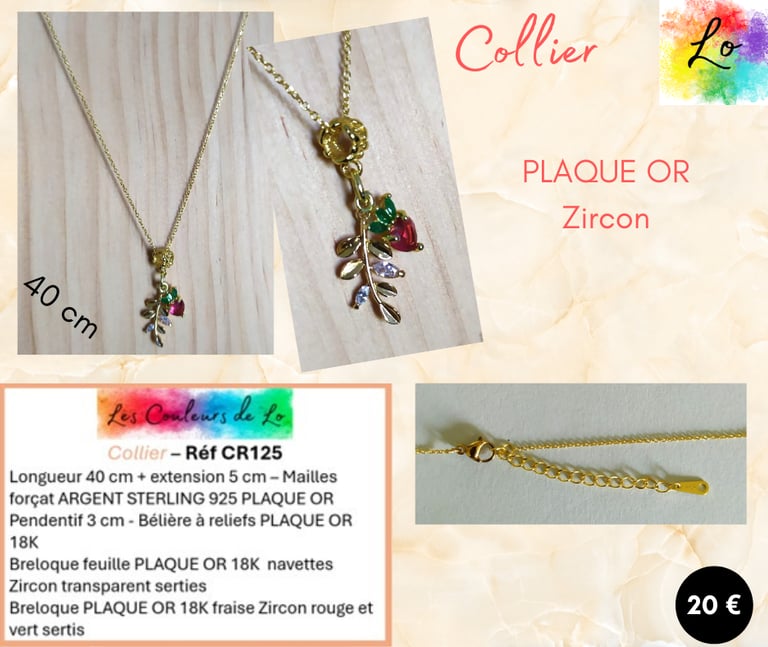 Collier Plaqué or feuille Zircon transparent fraise Zircon rouge et vert Les Couleurs de Lo
