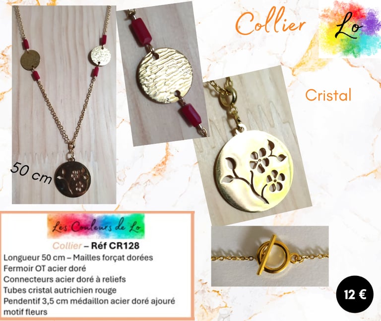 Collier doré disques martelés cristal rouge médaillon fleurs Les Couleurs de Lo