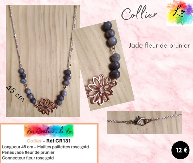 Collier rose gold Jade fleur de prunier fleur rose gold Les Couleurs de Lo