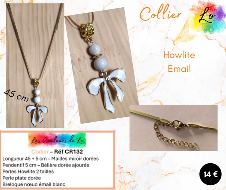 Collier doré Howlite nœud émail blanc Les Couleurs de Lo