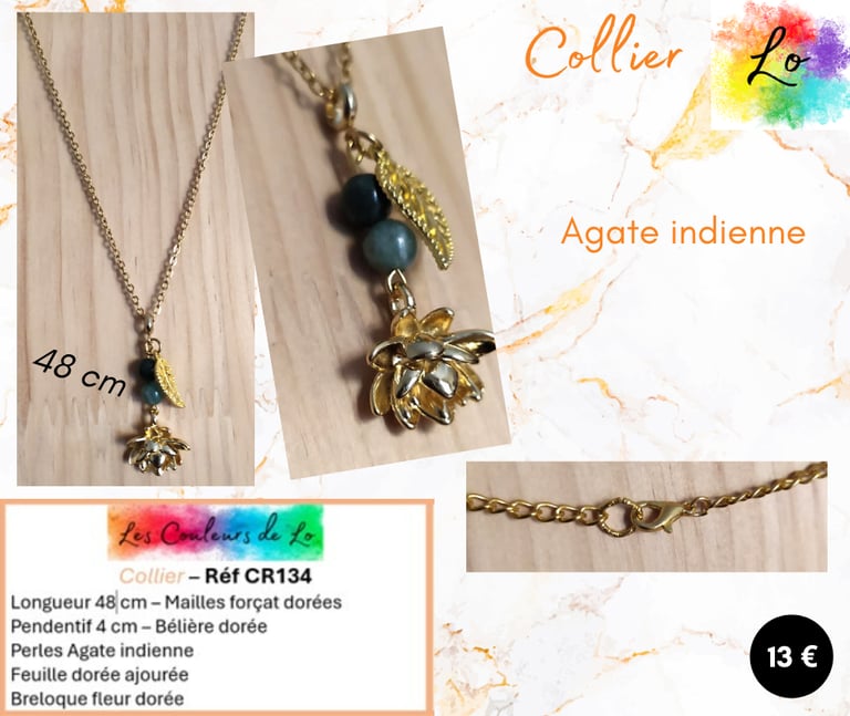 Collier doré Agate indienne feuille dorée fleur dorée Les Couleurs de Lo