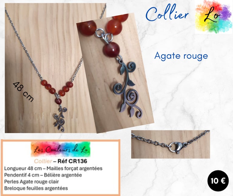 Collier argenté Agate rouge clair pendentif feuilles Les Couleurs de Lo