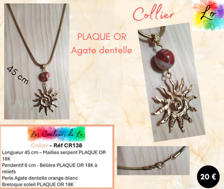 Collier Plaqué or Agate dentelle orange soleil Plaqué or Les Couleurs de Lo