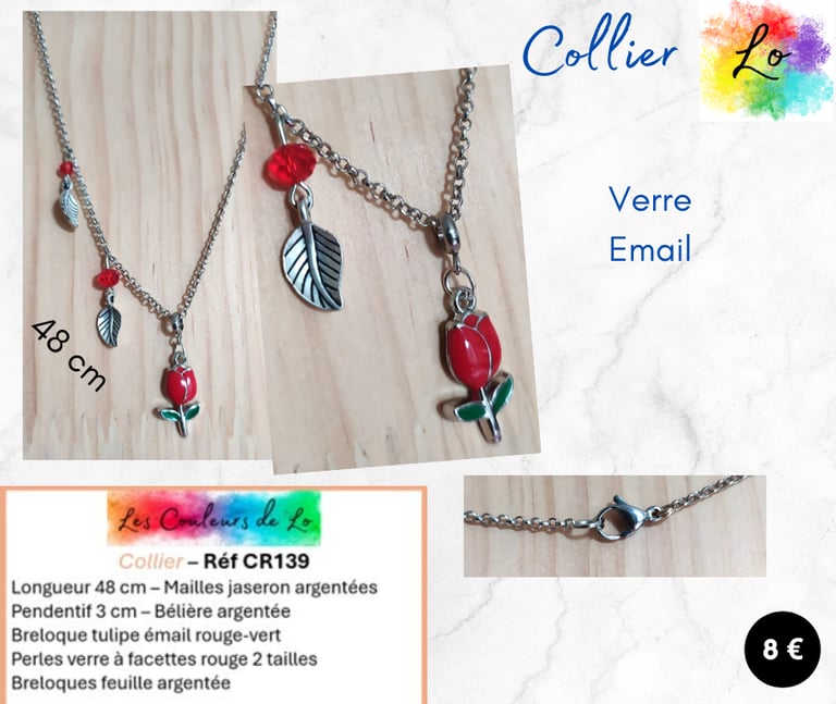 Collier argenté tulipe émail rouge verre rouge feuilles argentées Les Couleurs de Lo