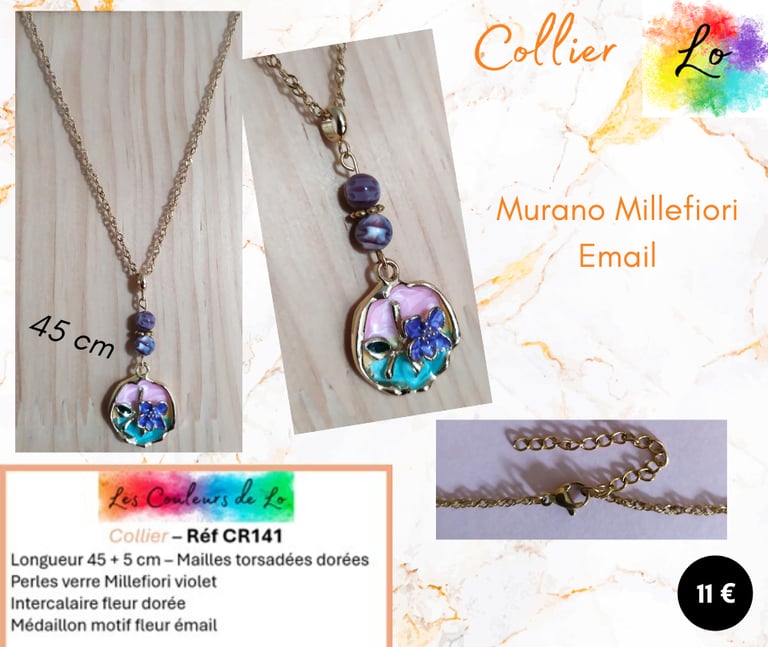 Collier doré verre Millefiori violet médaillon fleur émail Les Couleurs de Lo