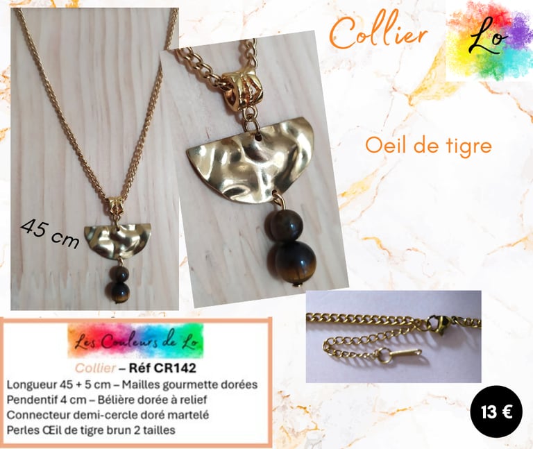Collier doré connecteur martelé Oeil de tigre Les Couleurs de Lo