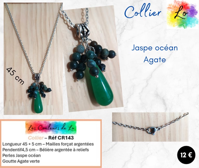 Collier argenté Jaspe océan Agate verte Les Couleurs de Lo