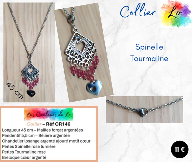 Collier argenté chandelier Spinelle rose lumière Tourmaline rose cœur acier Les Couleurs de Lo