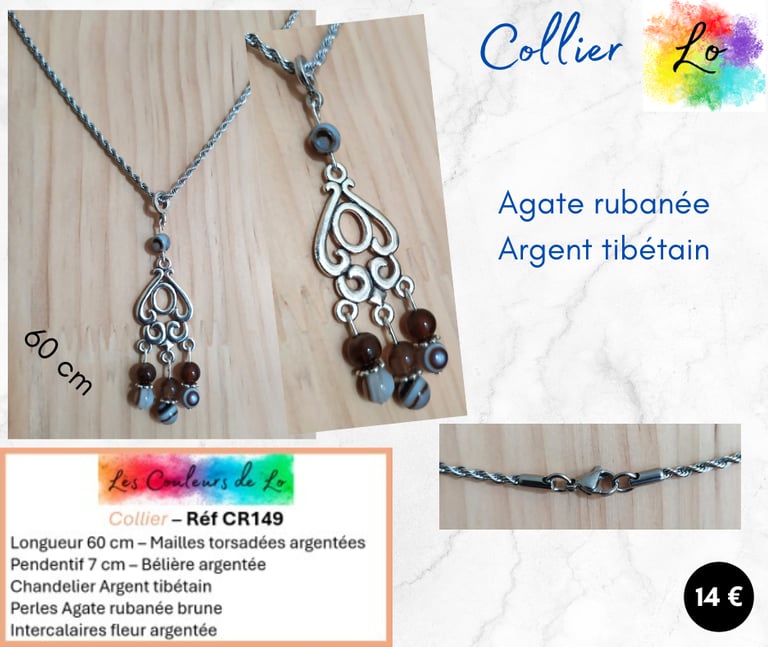 Collier argenté chandelier Argent tibétain Agate rubanée brune Les Couleurs de Lo