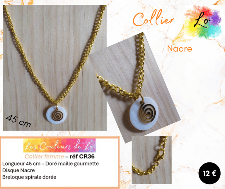 Collier doré disque Nacre spirale acier Les Couleurs de Lo