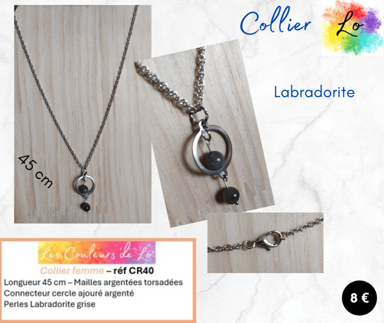 Collier argenté cercle acier Labradorite gris Les Couleurs de Lo