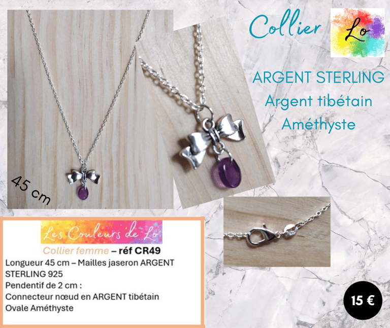 Collier Argent Sterling 925 améthyste noeud Argent tibétain