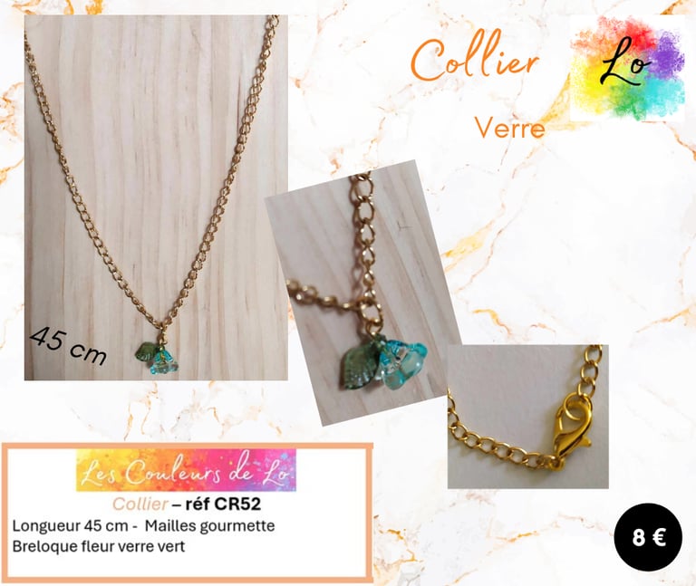 Collier doré pendentif fleur verre vert Les Couleurs de Lo