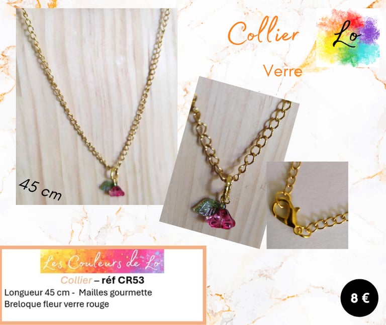 Collier doré pendentif fleur verre rouge-vert Les Couleurs de Lo