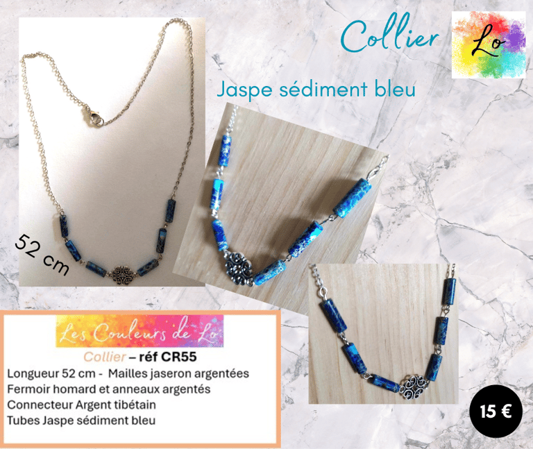 Collier argenté Jaspe sédiment bleu rosace Argent tibétain Les Couleurs de Lo