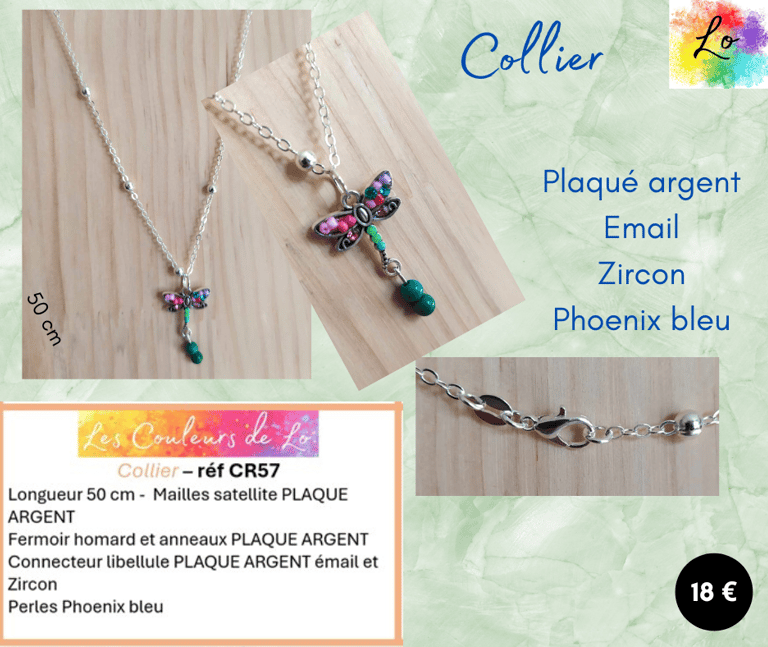 Collier Plaqué argent pendentif libellule émail Zircon Phoenix bleu Les Couleurs de Lo