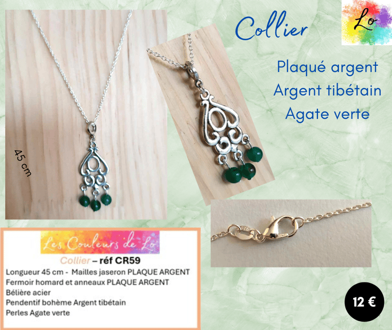 Collier Plaqué argent chandelier Argent tibétain Agate verte Les Couleurs de Lo