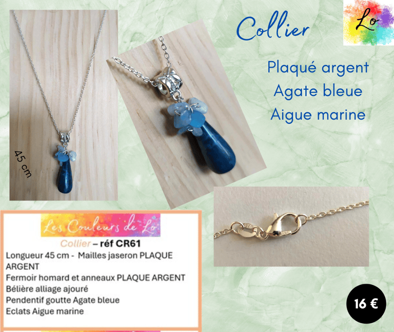 Collier Plaqué argent pendentif Agate bleue Aigue marine Les Couleurs de Lo