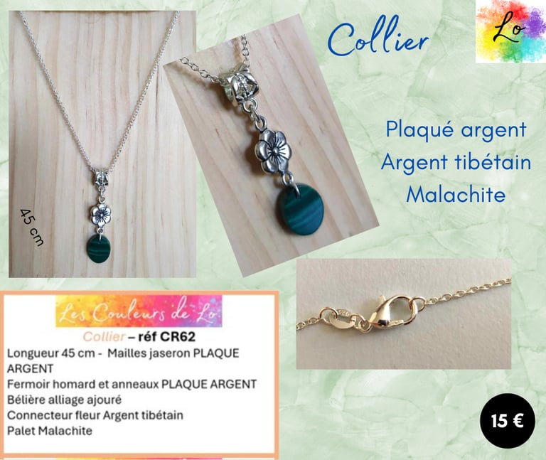 Collier Plaqué argent fleur Argent tibétain Malachite Les Couleurs de Lo