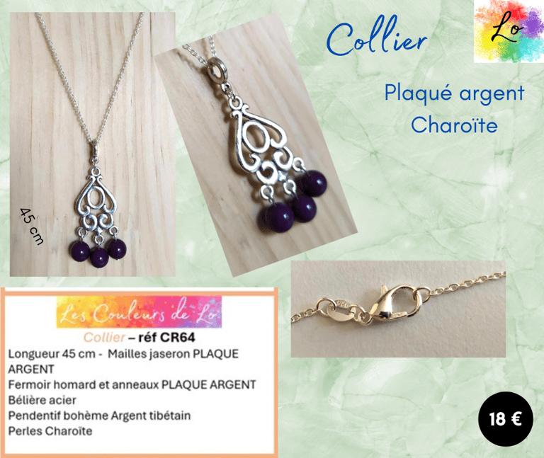 Collier Plaqué argent chandelier Argent tibétain Charoïte Les Couleurs de Lo