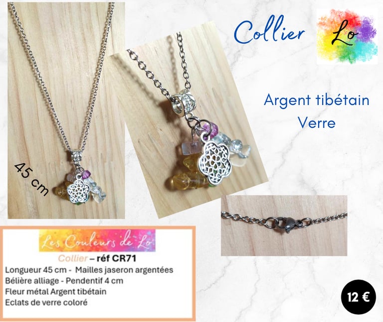 Collier argenté pendentif verre coloré fleur Argent tibétain Les Couleurs de Lo