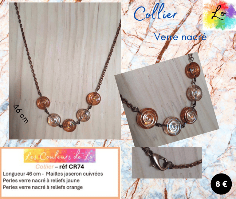 Collier cuivré verre à reliefs orange jaune Les Couleurs de Lo