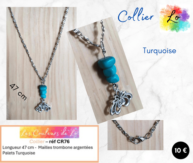 Collier argenté pendentif Turquoise fleur Argent tibétain Les Couleurs de Lo