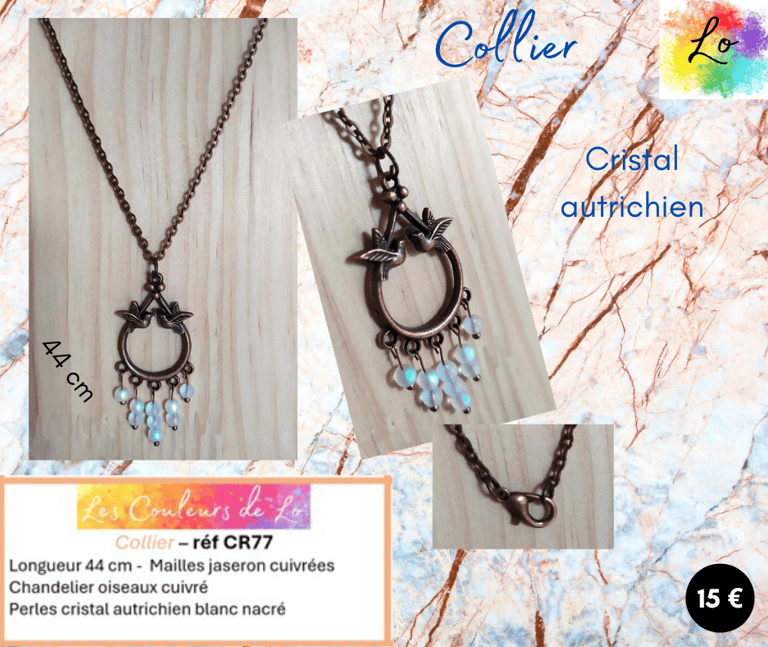 Collier cuivré chandelier oiseaux cristal autrichien blanc nacré Les Couleurs de Lo