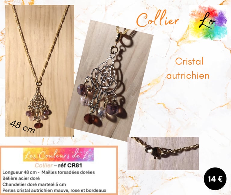 Collier doré chandelier martelé cristal autrichien Les Couleurs de Lo