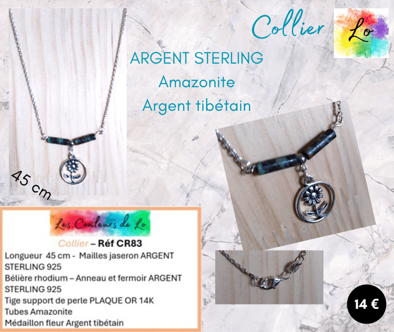 Collier Argent Sterling Amazonite médaillon Argent tibétain Les Couleurs de Lo