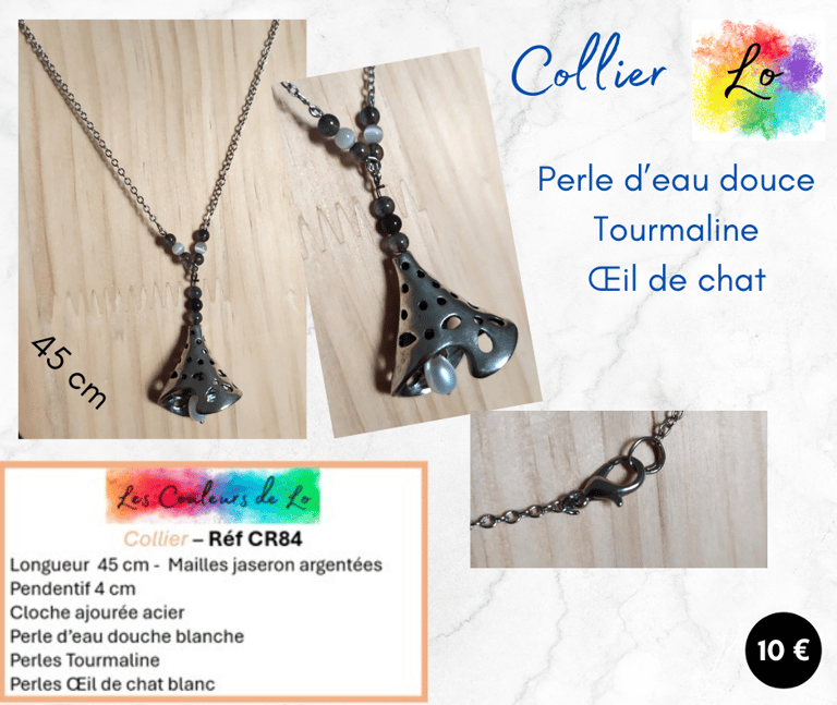Collier argenté pendentif cloche métal perle d'eau douce Tourmaline Œil de chat Les Couleurs de Lo