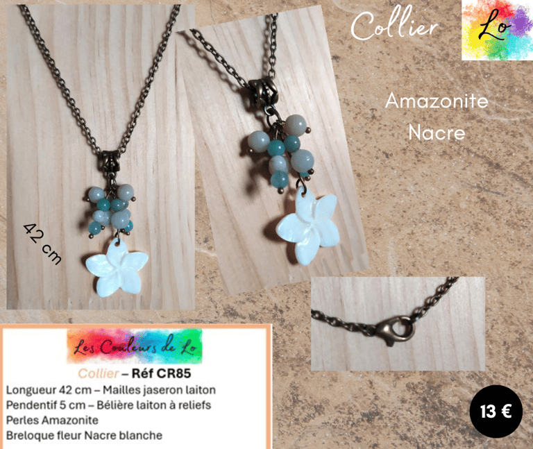 Collier laiton pendentif Amazonite breloque fleur Nacre Les Couleurs de Lo
