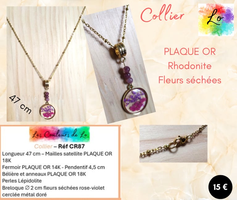 Collier Plaqué or Rhodonite pendentif fleurs séchées Les Couleurs de Lo
