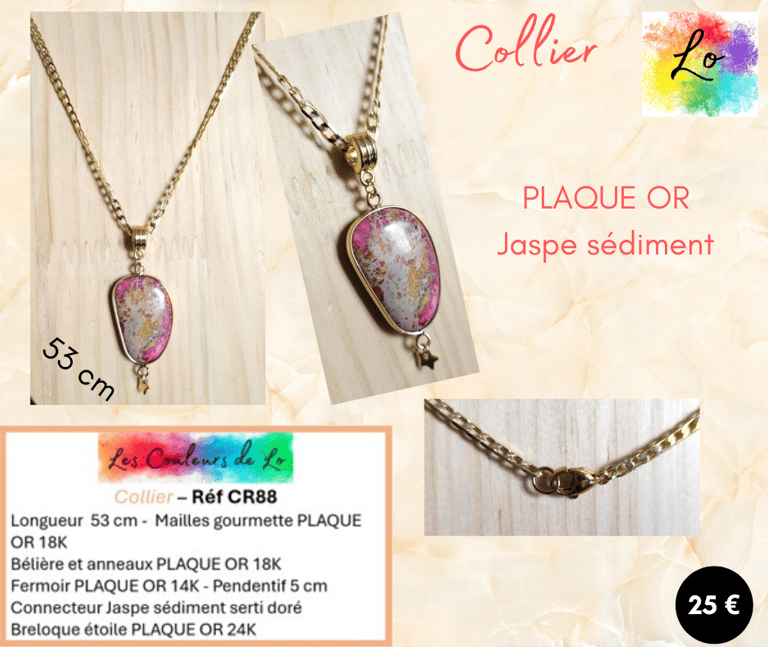Collier Plaqué or pendentif Jaspe sédiment rose Les Couleurs de Lo