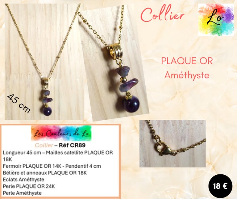 Collier Plaqué or pendentif Améthyste Les Couleurs de Lo
