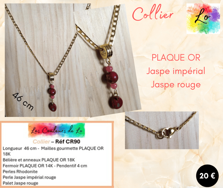 Collier Plaqué or pendentif Jaspe impérial Jaspe rouge Les Couleurs de Lo
