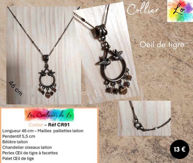 Collier laiton pendentif chandelier oiseaux Œil de tigre Les Couleurs de Lo